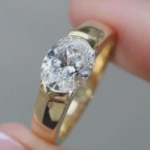 2 CT Oval Cut Engagement Ring, East-West Oval Cut Moissanite Engagement ring of Half Bezel Set, Solitaire Wedding Ring, Gift For Her