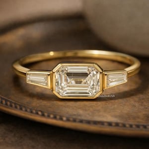 1.25 CT Emerald Cut East To West Bezel Set Engagement Ring Emerald & Baguette Cut Three Stone Ring Trilogy Wedding Ring 14K Solid Gold Ring