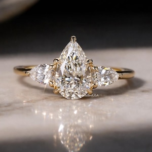 1.10 CT Pear Cut Lab Grown Diamond Three Stone Engagement Ring, Wedding Ring, DE/VS Lab Created Diamond Ring, Bridal Ring, Anniversary Gift