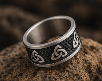 Wikinger Herrenring Edelstahl - Herrenring Keltischer Knoten Triquetra Band für nordische Schmuckliebhaber