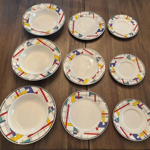 Lynns SKYLINE China Stoneware Retro Multicolor Geometric Set of 9 total-SEE