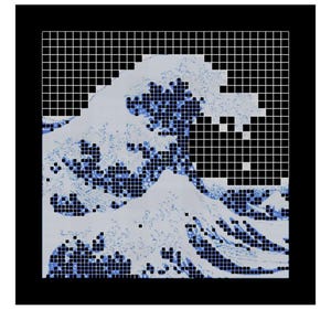 May include: Pixelated artwork depicting a wave, rendered in shades of blue and white against a black background. The wave design is composed of small squares, creating a digital art aesthetic. The artwork is framed by a grid.