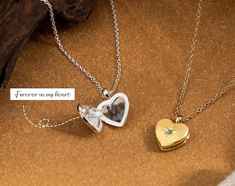 Sierlijke hartmedaillonketting met geboortesteen, gegraveerde ketting, gepersonaliseerde fotoketting, herdenkingsgeschenken, verjaardagscadeau, cadeaus voor moeder