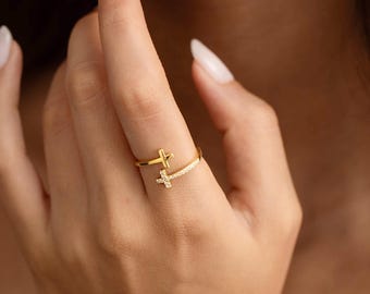 18K Gold Adjustable Cross Ring, 925 Sterling Silver Cross Ring, Handmade Cross Ring, Christmas Gift, Valentine's Day Gift, Mother's Day Gift