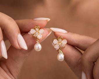 Sierlijke roze bloem pareloorbellen, zoetwaterpareldruppel, bruidsoorbellen, damesoorbellen, huwelijkssieraden, cadeau bruidsmeisje, cadeau voor moeder