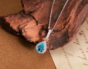 Blue Topaz Teardrop Necklace,Sterling Silver December Birthstone Necklace,Minimalist Necklace,Mother's Day Gift,Gift for Her,Birthday Gifts