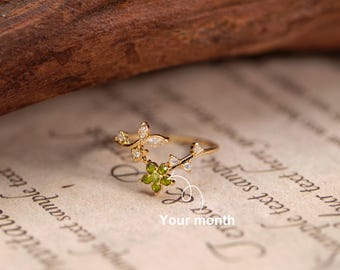 Dainty Flower Birthstone Ring,Personalized Birthstone Ring,Birthstone Jewelry,Gemstone Ring,Adjustable Delicate Ring,Bridesmaid Gift for Her