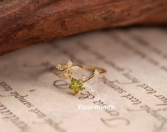 Sierlijke bloem geboortesteenring, gepersonaliseerde geboortesteenring, geboortesteensieraad, edelsteenring, verstelbare delicate ring, cadeau voor bruidsmeisjes