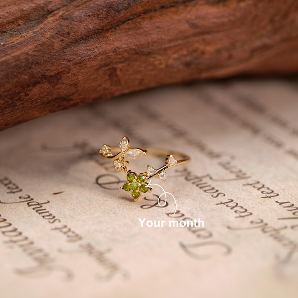 Anillo delicado con flor y piedra natal, anillo personalizado con piedra natal, joyería con piedra natal, anillo con gema, anillo delicado ajustable, regalo para dama de honor.
