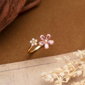 Sakura Cherry Blossom Ring, Pink CZ Pearl, Pink Flower Fidget Spinning Ring, Adjustable Floral Jewelry, Best Friend Gifts, Bridesmaid Gifts