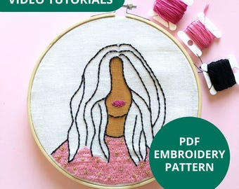 Padrão de bordado minimalista de rosto em PDF, arte moderna em bastidor para retrato, nível iniciante, 18 cm