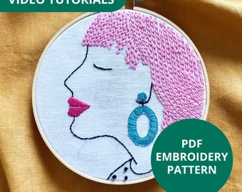 Padrão de bordado de retrato feminino, bastidor com arte em linhas de cabelo rosa, download em PDF para iniciantes
