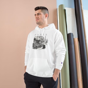 Moletom com Capuz Premium Unissex Champion | Moletom Paris Cafe Preto e Branco | Moletom Torre Eiffel | Streetwear com Estética Francesa imagem 1