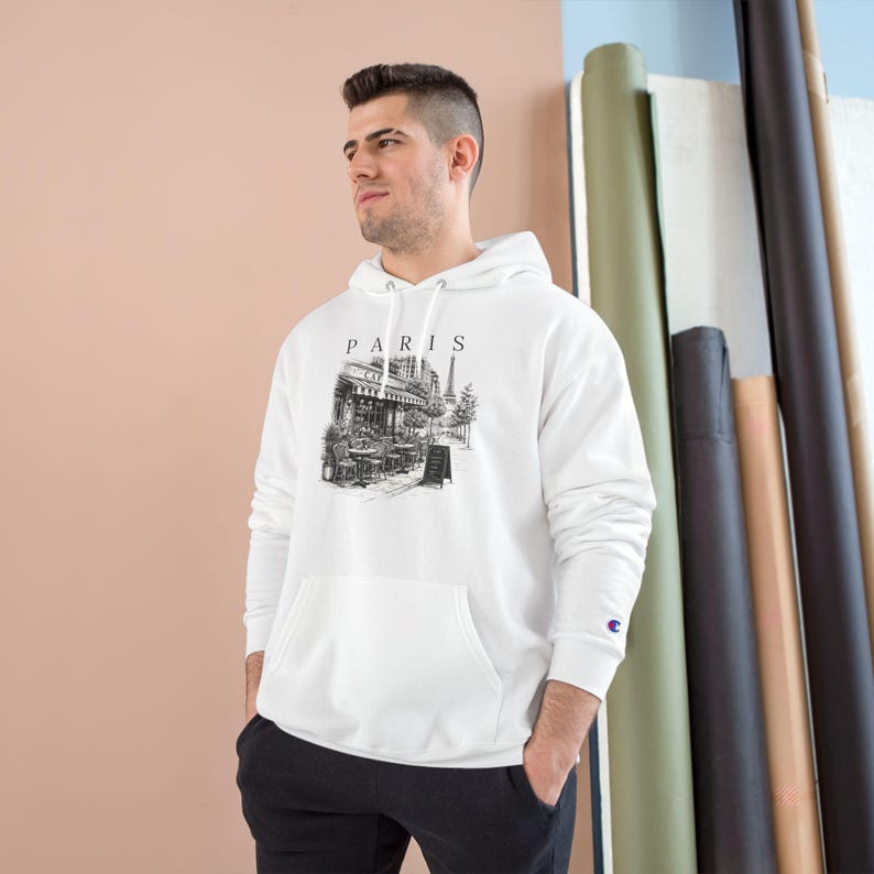 Moletom com Capuz Premium Unissex Champion | Moletom Paris Cafe Preto e Branco | Moletom Torre Eiffel | Streetwear com Estética Francesa imagem 1