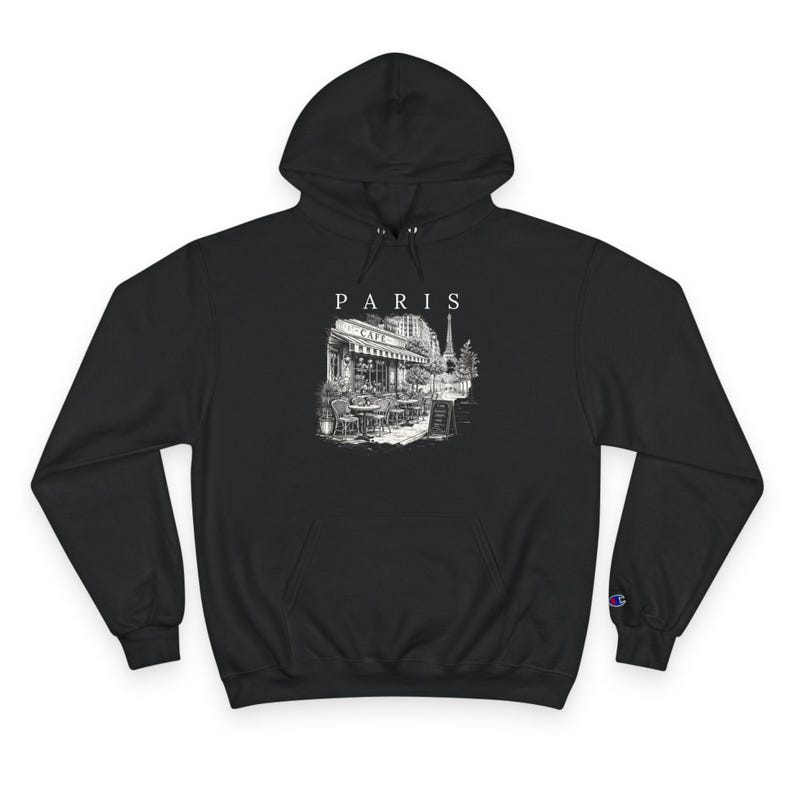 Moletom com Capuz Premium Unissex Champion | Moletom Paris Cafe Preto e Branco | Moletom Torre Eiffel | Streetwear com Estética Francesa imagem 8