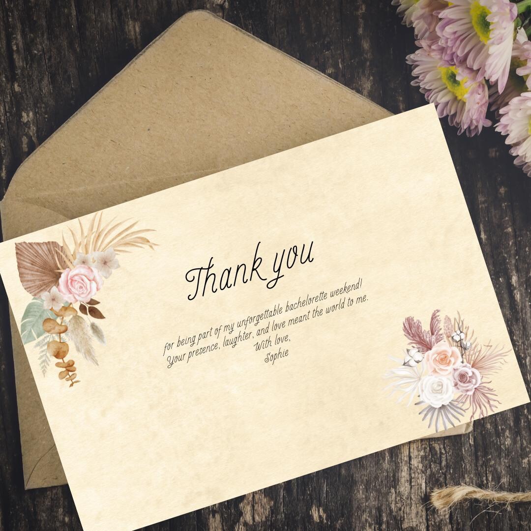 Editable Boho Floral Thank You Card | Bachelorette Party | Canva ...
