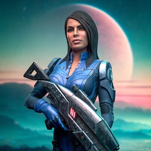May include: A digital artwork of a woman in a futuristic blue and silver outfit, holding a large weapon. The background features a planet and a colorful sky. The image has the text "PATREON h3LLcreator".