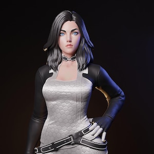May include: A detailed figure of a woman in a futuristic outfit. The figure wears a white and black bodysuit with a hexagonal pattern, a black choker, and black gloves. She holds a futuristic weapon and has blue eyes and dark hair.