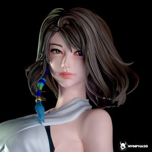 May include: A 3D-rendered bust of a woman with brown hair and heterochromia, one green and one blue eye. She wears a white garment and a blue, yellow, and green hair accessory. The background is black, and the image has a soft, digital aesthetic.