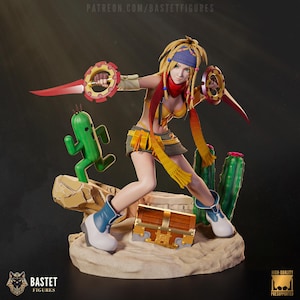 May include: A detailed figurine of a female character from a video game, holding two circular blades with red edges. She wears a yellow and orange outfit, with a blue headband and scarf. A green cactus-like creature and a treasure chest are also present.