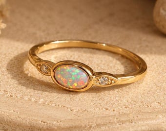 Natural Opal Ring in 925 Sterling Silver, Gold Plated Dainty Promise Ring, October Birthstone Gift for Her