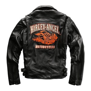 Men&#39;s Black Leather Motorcycle Jacket | Harley-Angel Graphic Biker Coat | Rebel Streetwear Outerwear | Unique Gift for Him