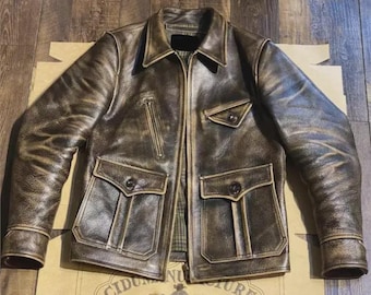 Chaqueta vintage de piel de vaca marrón desgastada: estilo militar de los años 20