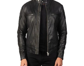 Men's Black Leather Cafe Racer Jacket – Quilted Shoulder Biker Coat