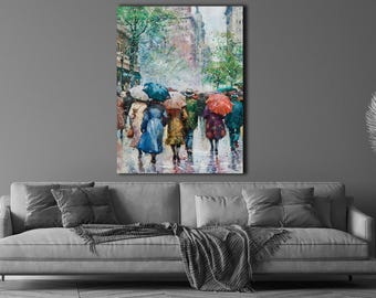 雨の夜のアクリル画：都市風景の傘アート（16x20） - Etsy 日本