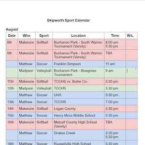 May include: A sports calendar titled "Skipworth Sport Calendar" for August, listing dates, participants, sports, locations, and times. Includes softball, soccer, and volleyball games. The calendar is organized in a table format with colored rows.
