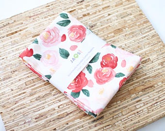 Large Cloth Napkins - Set of 4 - (NH998) - Pretty Rose Tea Rose on White Reusable Fabric Napkins
