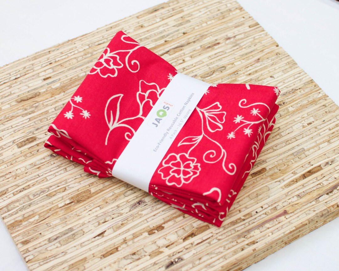 Large Cloth Napkins Set of 4 N4496 Red Floral Outline Etsy