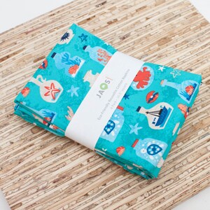 Large Cloth Napkins - Set of 4 - (N5735) - Aqua Seashells Bottles Modern Reusable Fabric Napkins