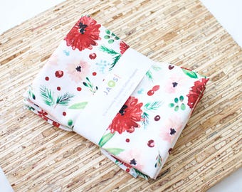 Large Cloth Napkins - Set of 4 - (N9400) - Red Pink PomPom Flowers on White Reusable Fabric Napkins