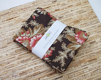 Large Cloth Napkins - Set of 4 - (NC958) - Elegant Floral on Dark Brown Modern Reusable Fabric Napkins