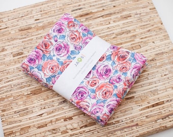 Large Cloth Napkins - Set of 4 (N8357) - Pink Blue Roses Floral Reusable Fabric Napkins