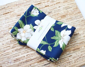 Large Cloth Napkins - Set of 4 - (NH757) - Magnolia Floral Toss Navy Blue Reusable Fabric Napkins