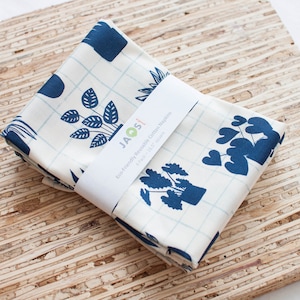Large Cloth Napkins - Set of 4 (NB498) - Grid Blue House Plants Reusable Fabric Napkins