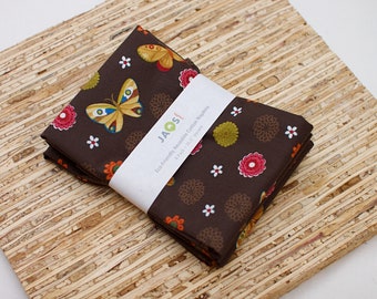 Large Cloth Napkins - Set of 4 (N7606) - Brown Floral Butterfly Reusable Fabric Napkins