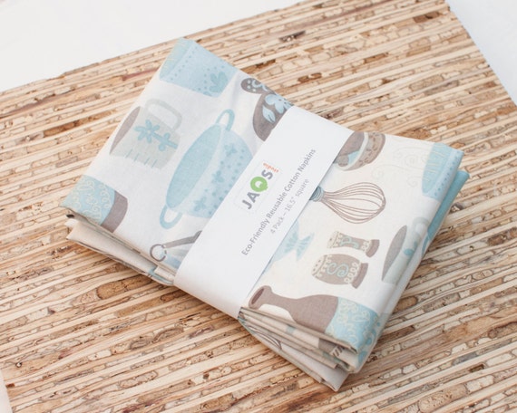 Large Cloth Napkins - Set of 4 - (N2015) - Ivory Retro Inspired Dish Kitchen Modern Reusable Fabric Napkins