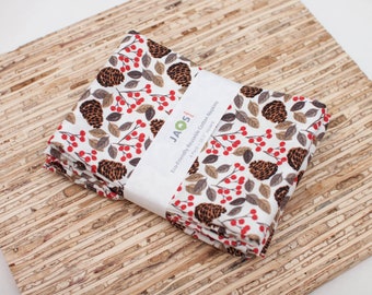 Large Cloth Napkins - Set of 4 - (N6288) - Berries Pinecones White Modern Reusable Fabric Napkins