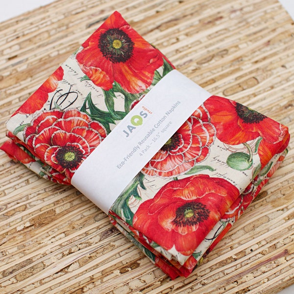 Large Cloth Napkins - Set of 4 - (NB242) - Red Poppies Flowers Reusable Fabric Napkins