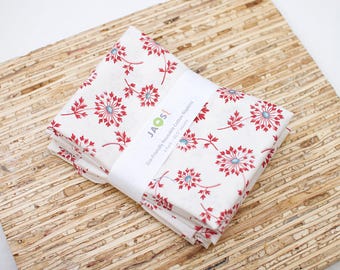 Large Cloth Napkins - Set of 4 - (ND906) - Red Dandelion Floral on White Reusable Fabric Napkins