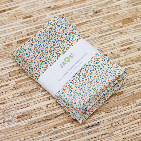 Small Cloth Napkins - Set of 4 - (NC922s) - Little Calico Floral Vine White Modern Reusable Cotton Fabric Napkins