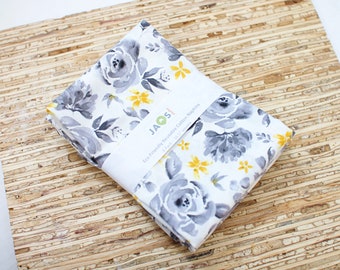 Large Cloth Napkins - Set of 4 - (NE308) - Grey Rose on White Modern Reusable Fabric Napkins