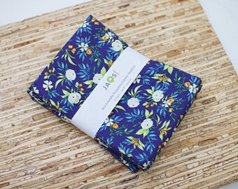 Large Cloth Napkins - Set of 4 (ND184) - White Orange Floral on Blue Fabric Napkins