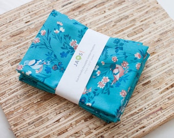 Large Cloth Napkins - Set of 4 (N9801) - Teal Floral Bird Reusable Fabric Napkins