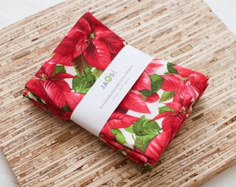 Large Cloth Napkins - Set of 4 - (N9690) - Poinsettia on White Modern Reusable Fabric Napkins