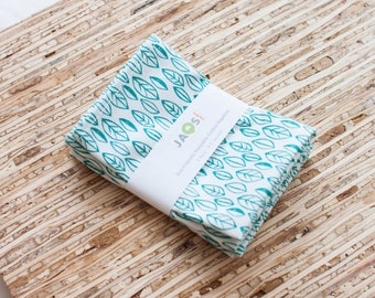 Small Cloth Napkins - Set of 4 - (N6898s) - Leaves Teal Outline Modern Reusable Cotton Fabric Napkins