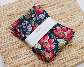 Large Cloth Napkins - Set of 4 - (N8728) - Floral Blooms Navy Reusable Fabric Napkins